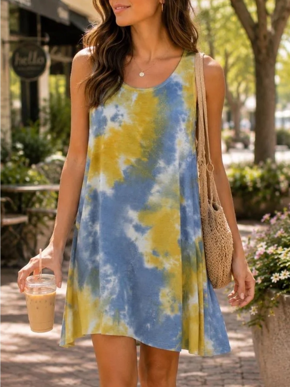Hem & Thread Blue & Yellow Tie-Dye Tank Swing Mini Dress M NWT